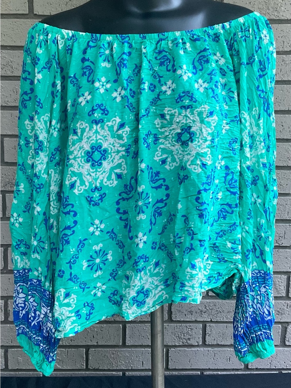 Flying Tomato Off-Shoulder Blouse in Teal with Blue and White Print
